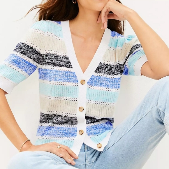 LOFT Sweaters - LOFT Striped Pointelle Puff Sleeve V-Neck Cardigan Top NWT Size Large